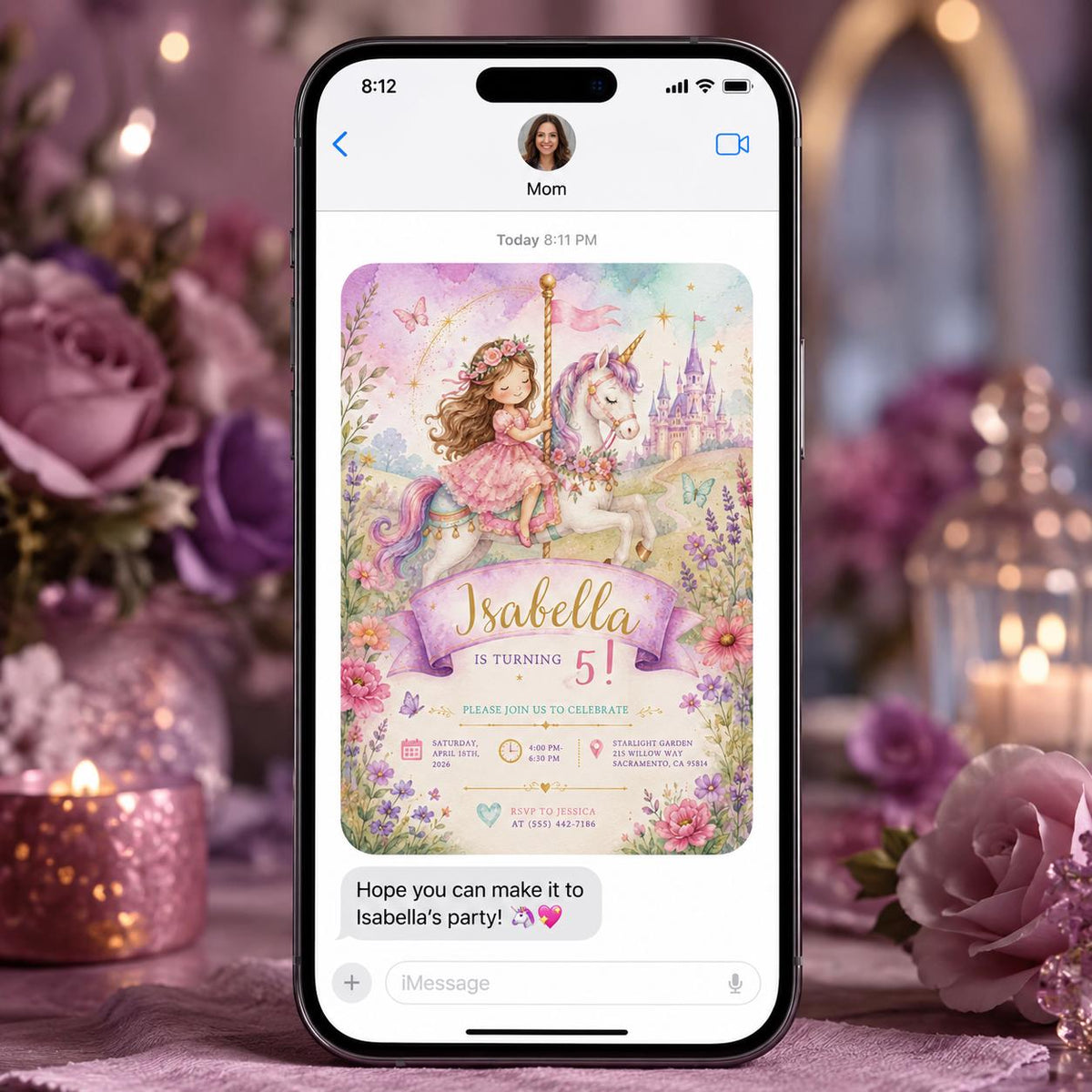 Pastel Unicorn Carousel 5th Birthday Invitation for Girls — digital invitation, instant download