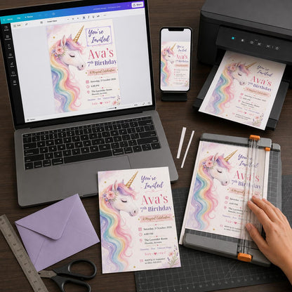 Pastel Unicorn Portrait 7th Birthday Invitation — invitation you personalize in Canva