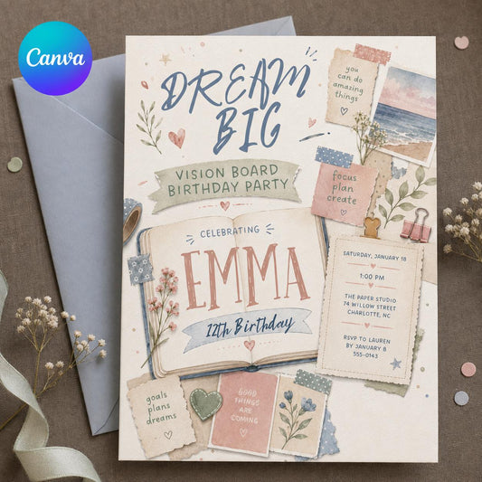 Pastel Vision Board 12th Birthday Invitation — editable Canva template