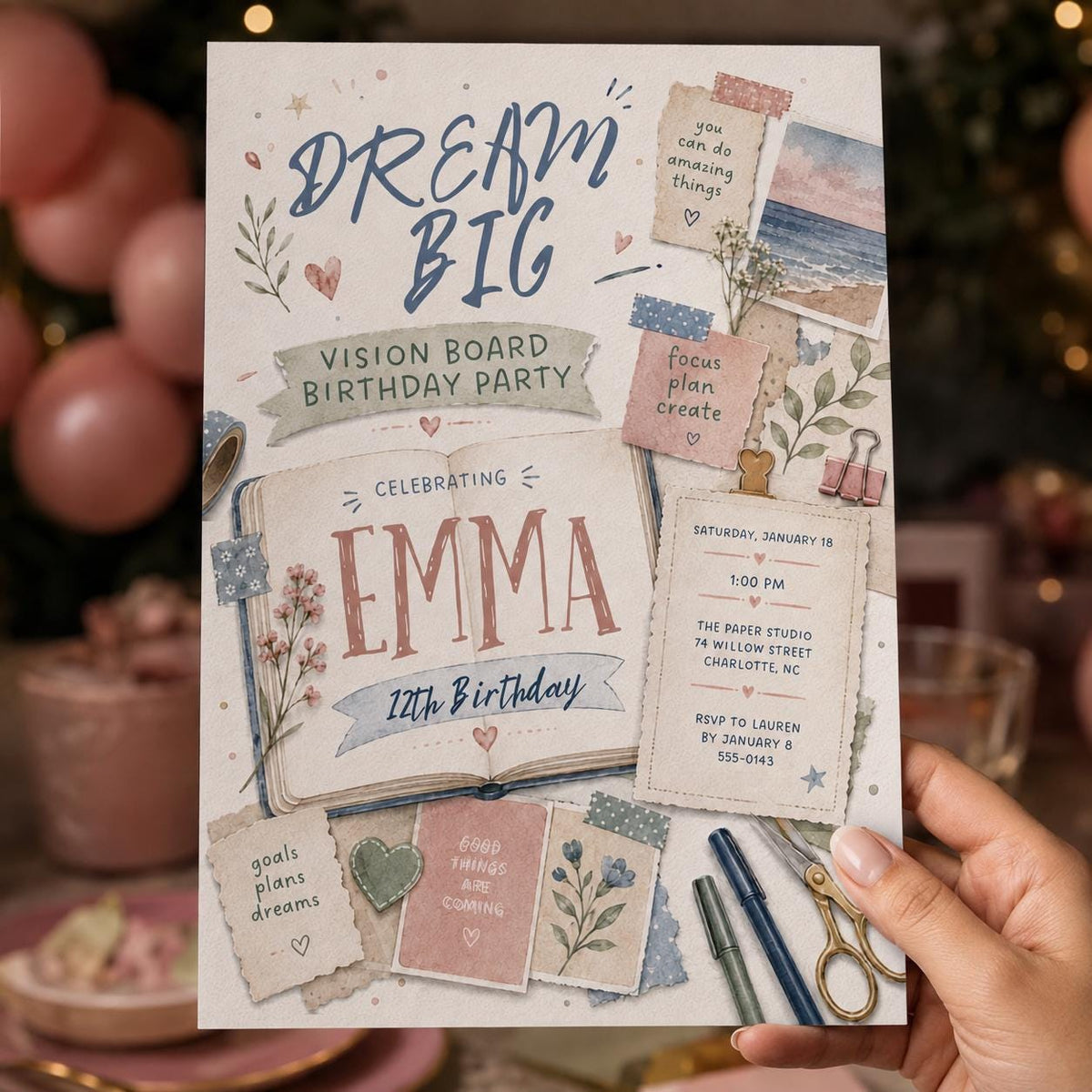 Pastel Vision Board 12th Birthday Invitation — print-ready 12th birthday party design from VoltBy