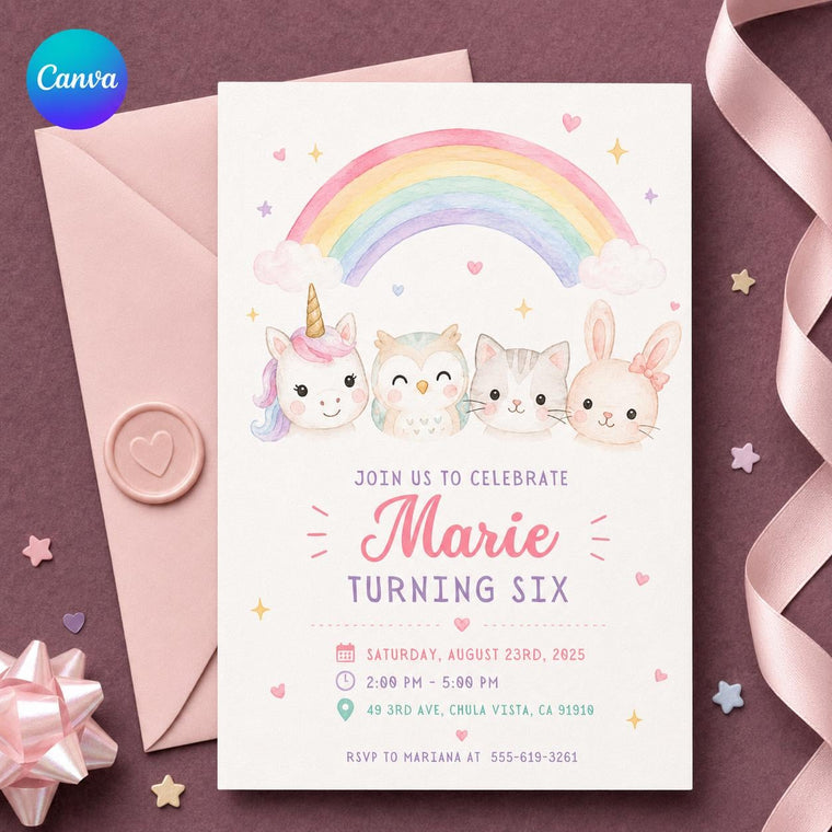 Pastel Watercolor Rainbow 6th Birthday Invitation for Girls