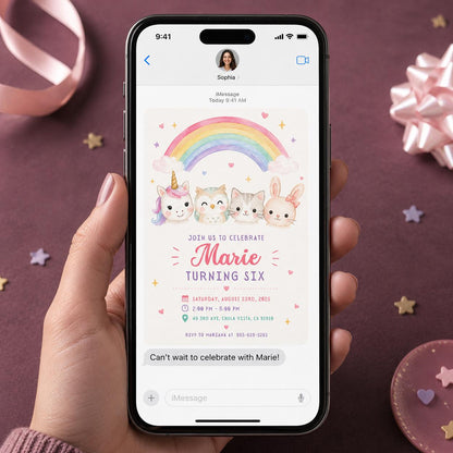 Pastel Watercolor Rainbow 6th Birthday Invitation for Girls — invitation you personalize in Canva