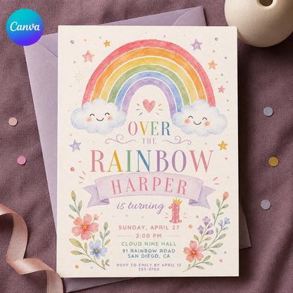 Pastel Watercolor Rainbow First Birthday Invitation for Girls — editable Canva template