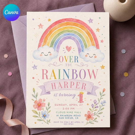 Pastel Watercolor Rainbow First Birthday Invitation for Girls — editable Canva template