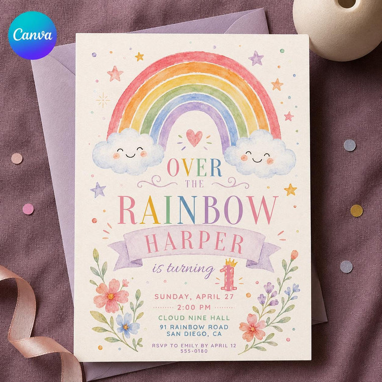 Pastel Watercolor Rainbow First Birthday Invitation for Girls