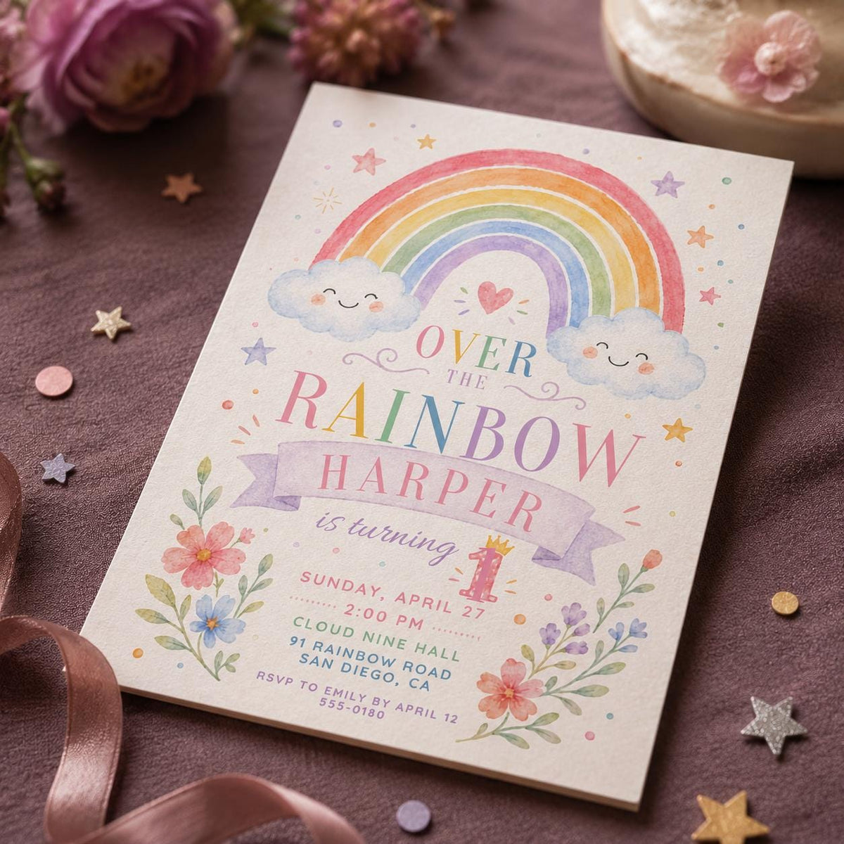 Pastel Watercolor Rainbow First Birthday Invitation for Girls — first birthday stationery by VoltBy