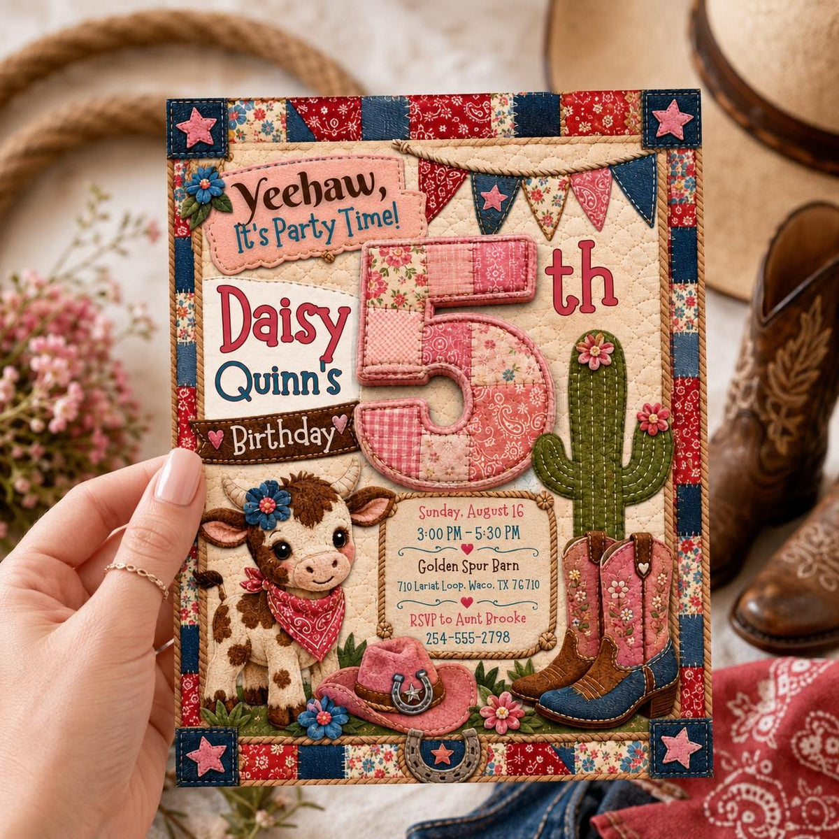 Patchwork Cowgirl 5th Birthday Invitation with Cactus in brown and green