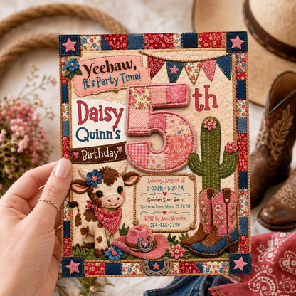 Patchwork Cowgirl 5th Birthday Invitation with Cactus in brown and green