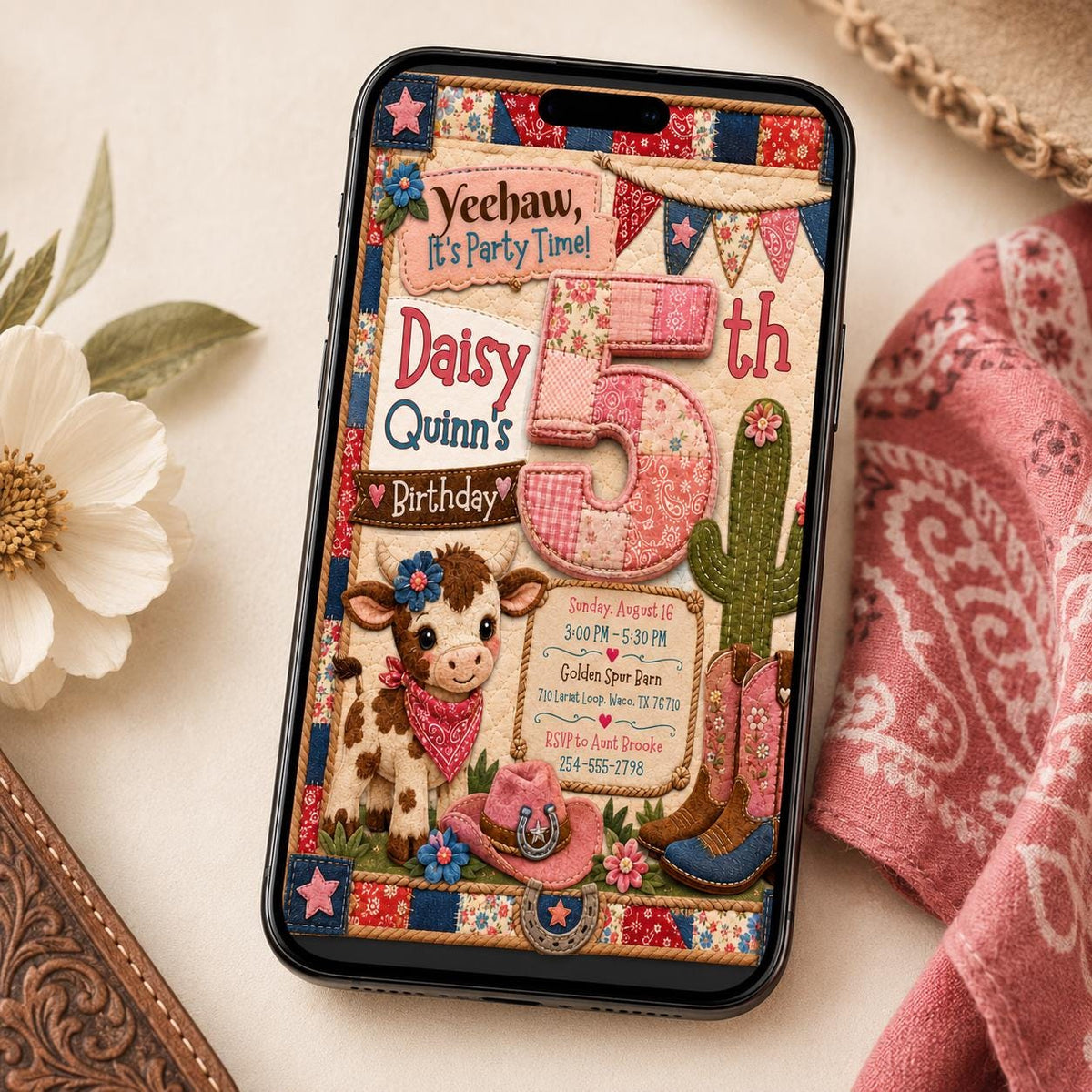 Patchwork Cowgirl 5th Birthday Invitation with Cactus — cow and cowboy design