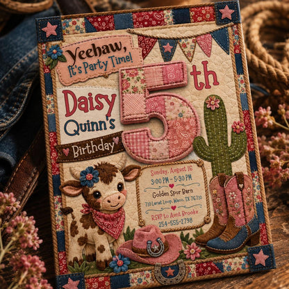 Patchwork Cowgirl 5th Birthday Invitation with Cactus — invitation you personalize in Canva