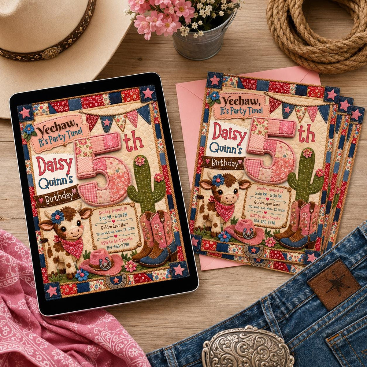 Patchwork Cowgirl 5th Birthday Invitation with Cactus — cow and cowboy artwork in brown and green