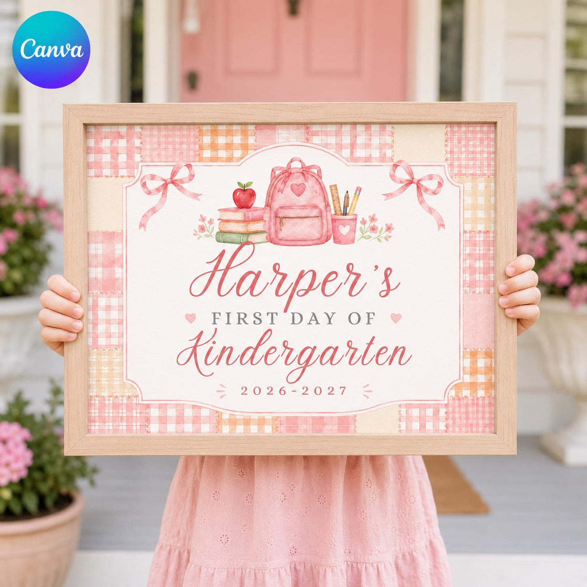 Patchwork Gingham First Day of Kindergarten Sign — editable Canva template