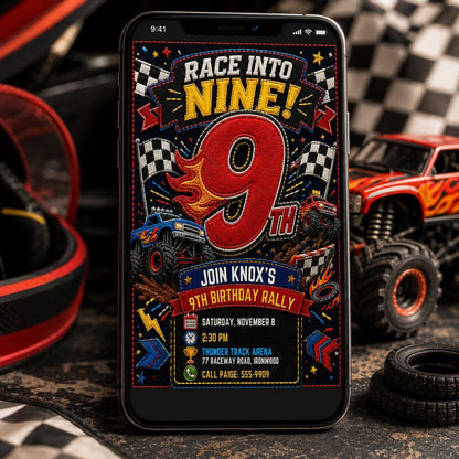 Patchwork Race into Nine Monster Truck Birthday Invitation in black and gold