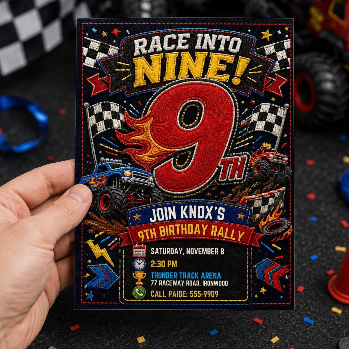 Patchwork Race into Nine Monster Truck Birthday Invitation — invitation you personalize in Canva