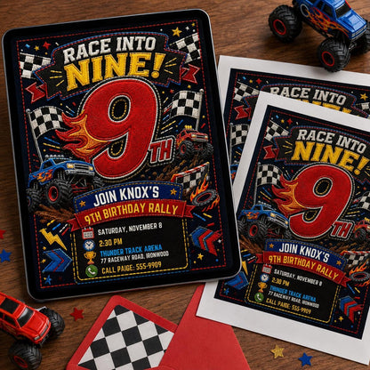Patchwork Race into Nine Monster Truck Birthday Invitation — checkered 9th birthday party design