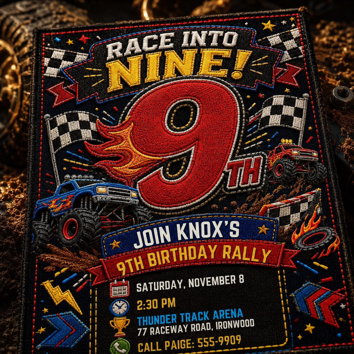 Patchwork Race into Nine Monster Truck Birthday Invitation — print-ready 9th birthday party design from VoltBy