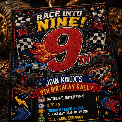 Patchwork Race into Nine Monster Truck Birthday Invitation — print-ready 9th birthday party design from VoltBy