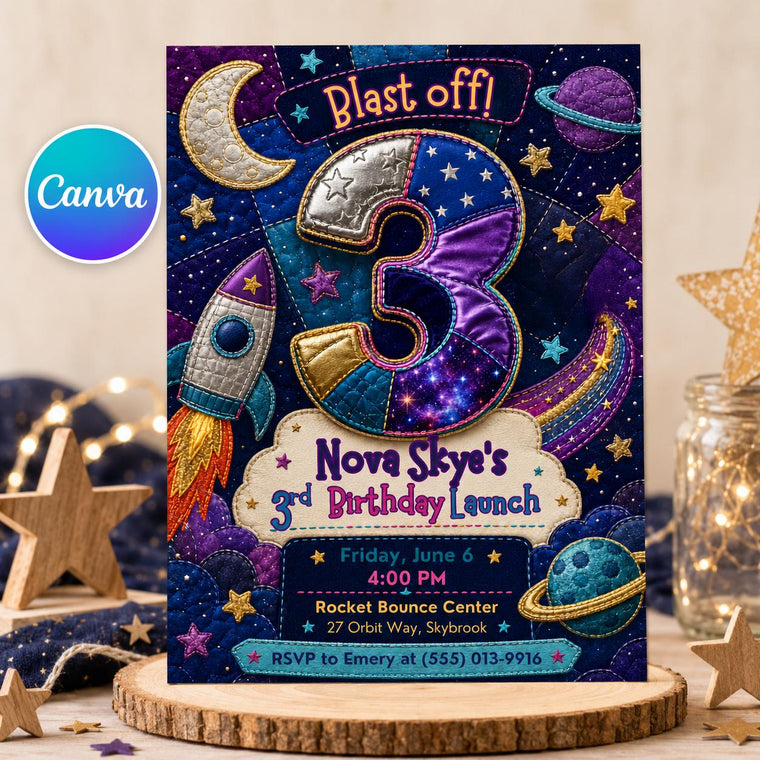 Patchwork Space Blast Off 3rd Birthday Invitation