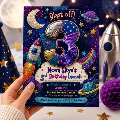 Patchwork Space Blast Off 3rd Birthday Invitation — invitation you personalize in Canva