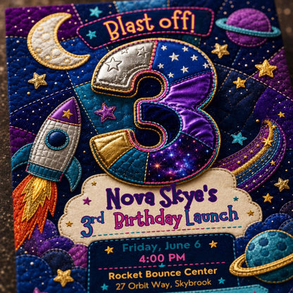 Patchwork Space Blast Off 3rd Birthday Invitation — print-ready 3rd birthday party design from VoltBy