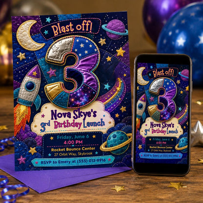 Patchwork Space Blast Off 3rd Birthday Invitation — digital invitation, instant download