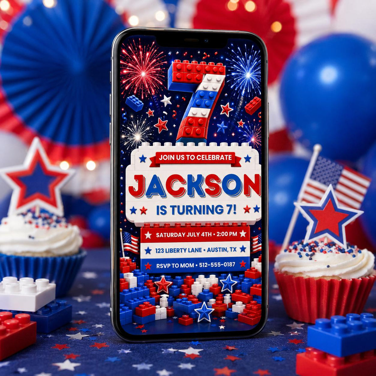 Patriotic Building Block 7th Birthday Invitation — building blocks and patriotic design for a 7th birthday party