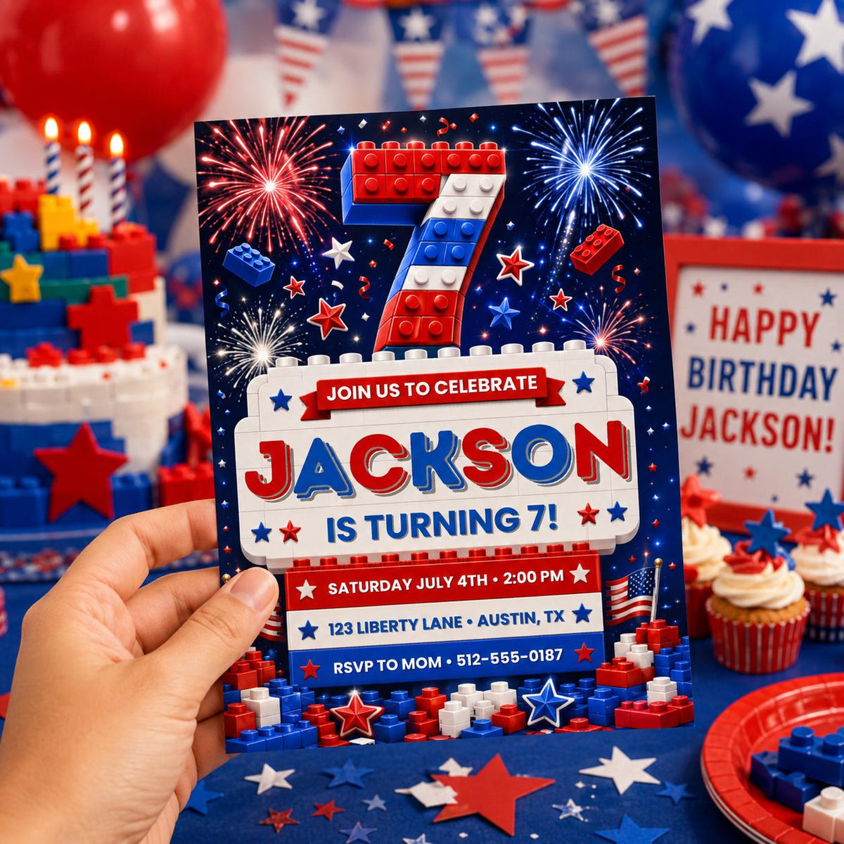 Patriotic Building Block 7th Birthday Invitation in red and blue