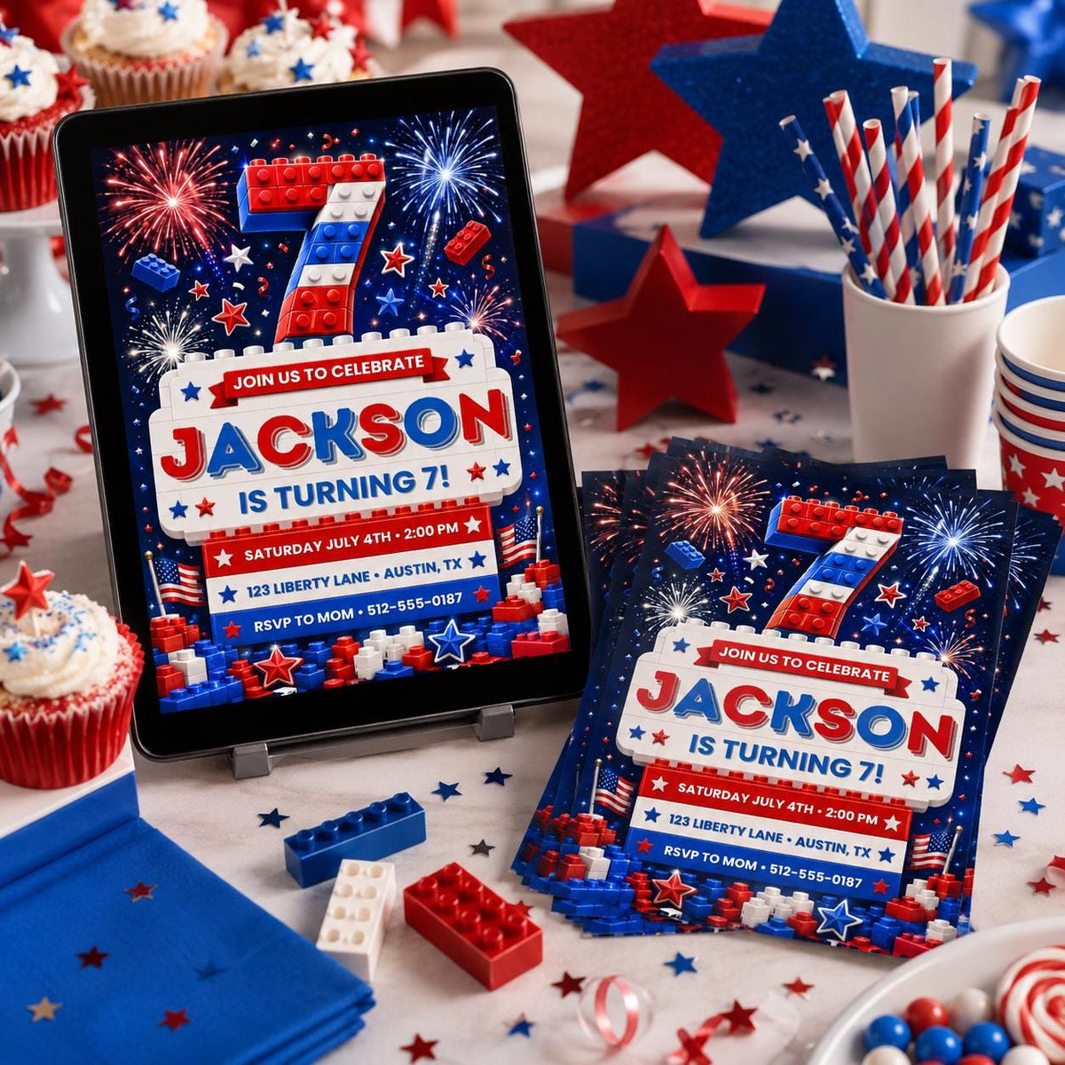 Patriotic Building Block 7th Birthday Invitation — editable Canva template for a 7th birthday party