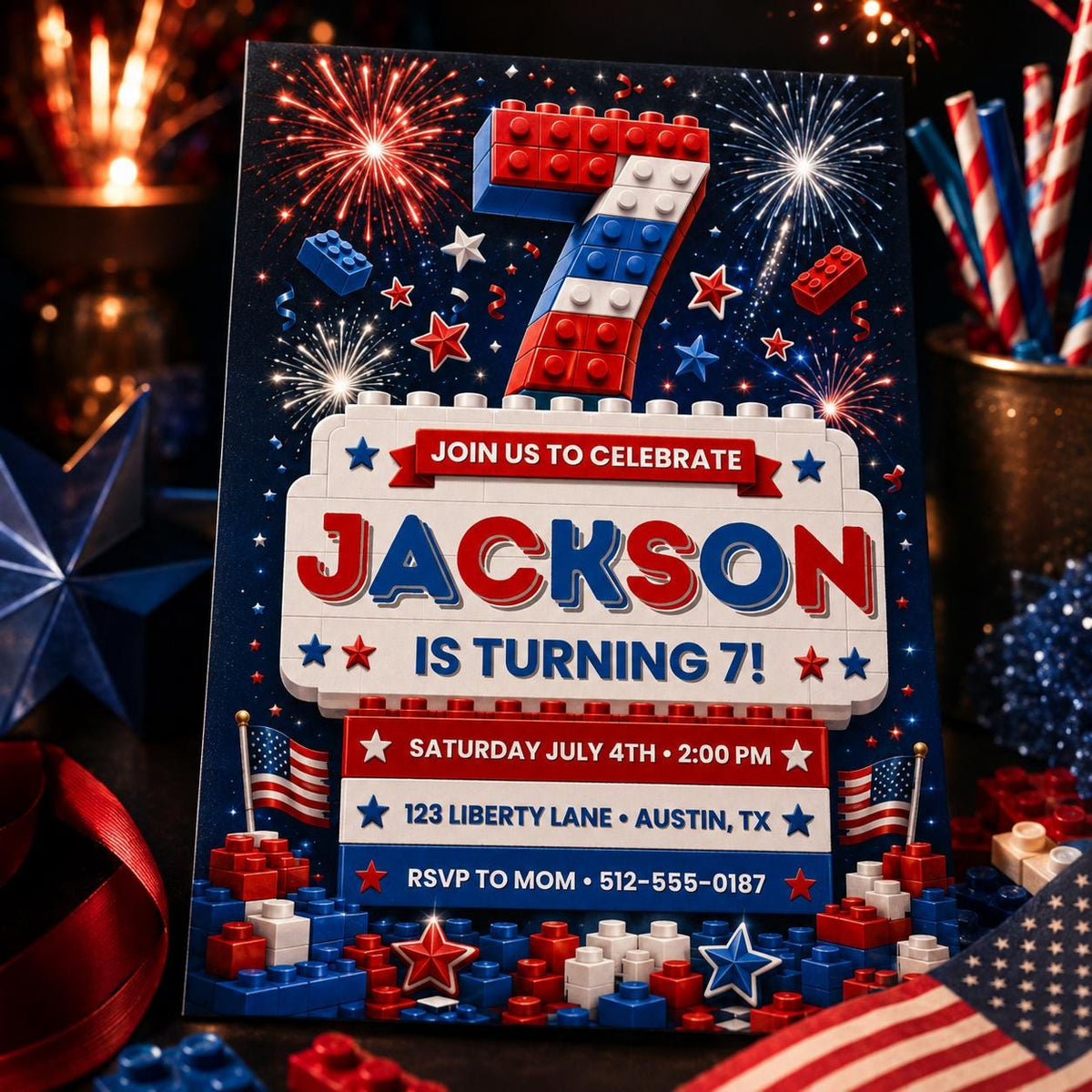 Patriotic Building Block 7th Birthday Invitation — printable invitation from VoltBy