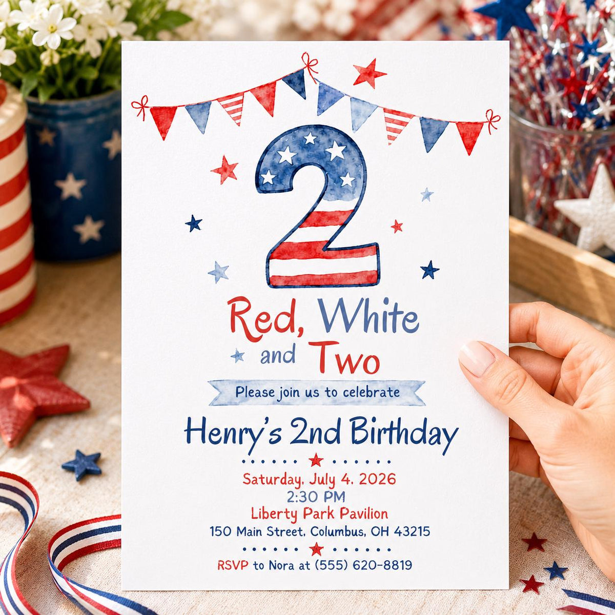 Patriotic Red White and Two Invitation — invitation you personalize in Canva