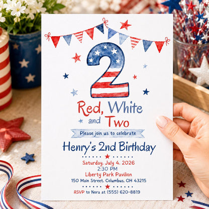 Patriotic Red White and Two Invitation — invitation you personalize in Canva