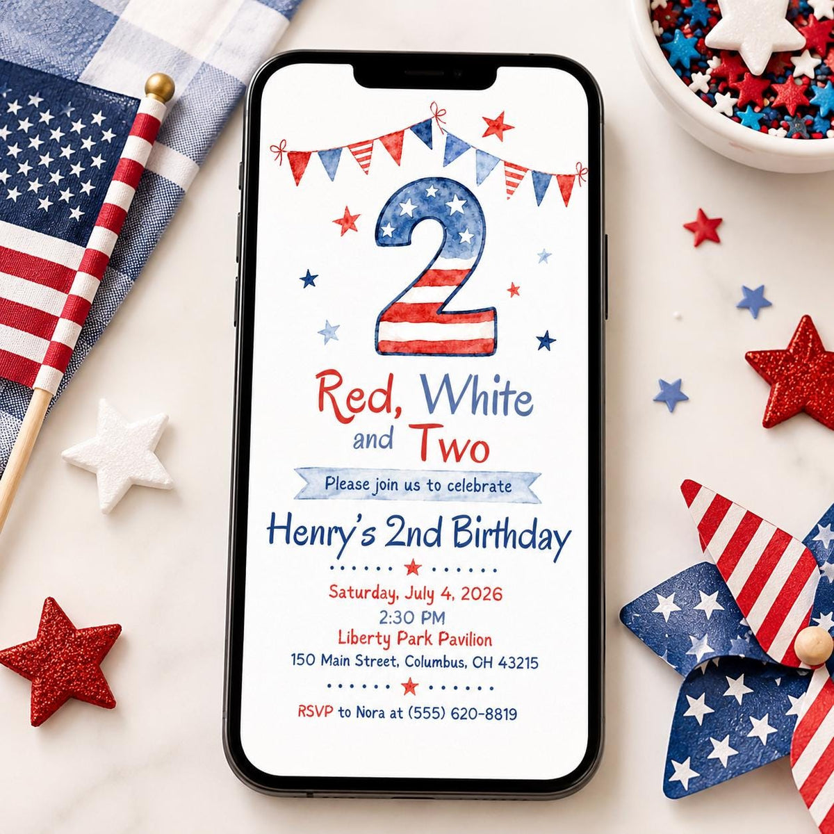 Patriotic Red White and Two Invitation — print-ready 2nd birthday party design from VoltBy
