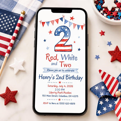 Patriotic Red White and Two Invitation — print-ready 2nd birthday party design from VoltBy