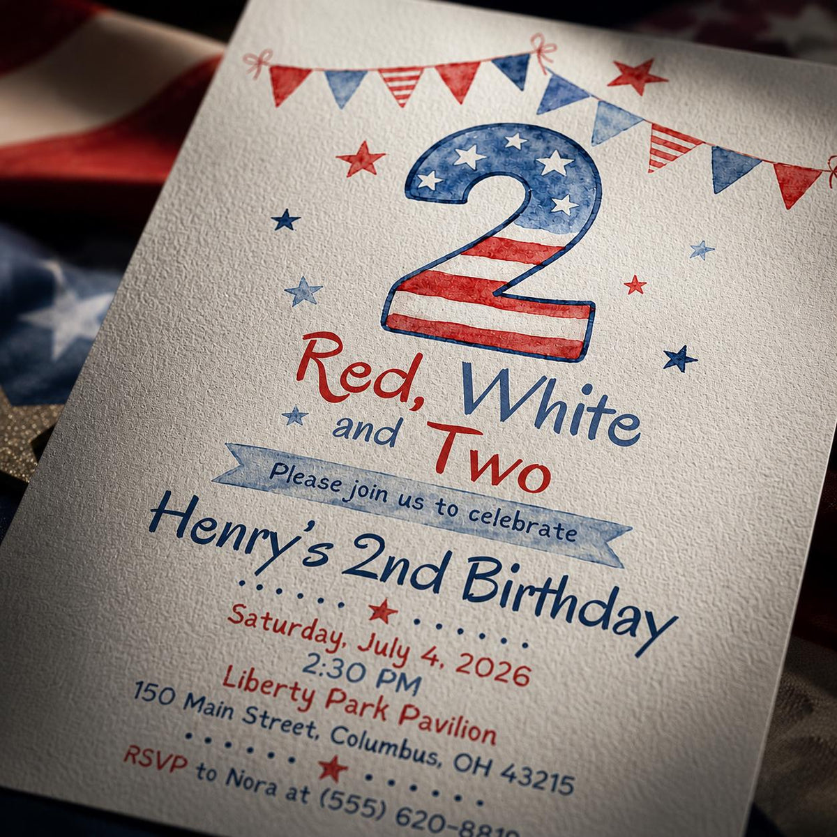 Patriotic Red White and Two Invitation — digital invitation, instant download