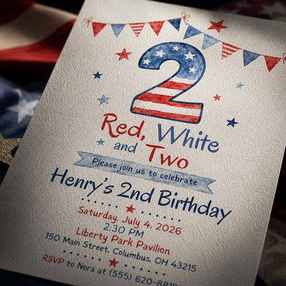 Patriotic Red White and Two Invitation — digital invitation, instant download