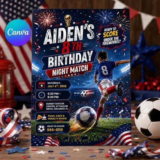 Patriotic Soccer 8th Birthday Invitation — editable Canva template