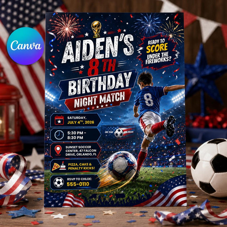 Patriotic Soccer 8th Birthday Invitation