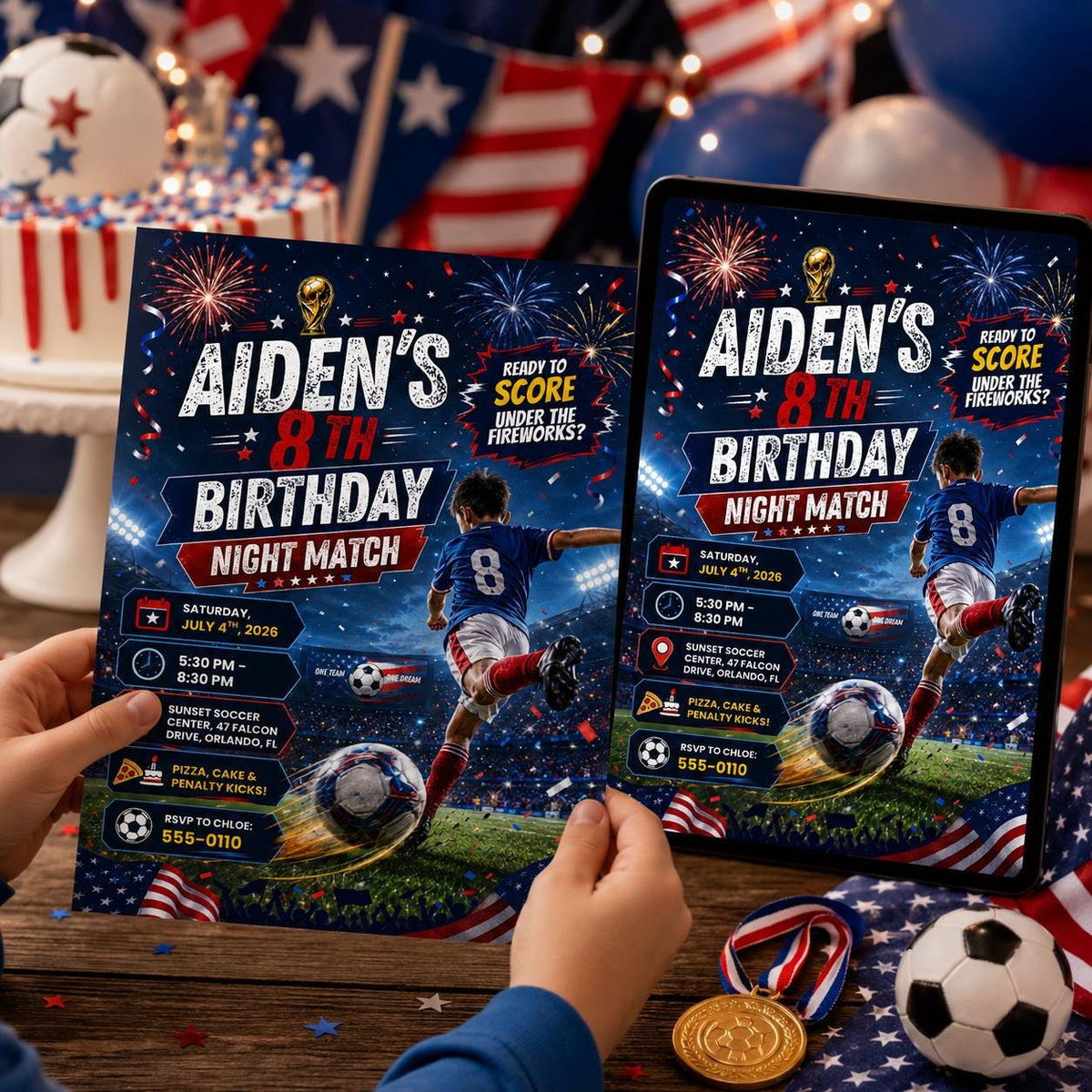 Patriotic Soccer 8th Birthday Invitation — invitation you personalize in Canva
