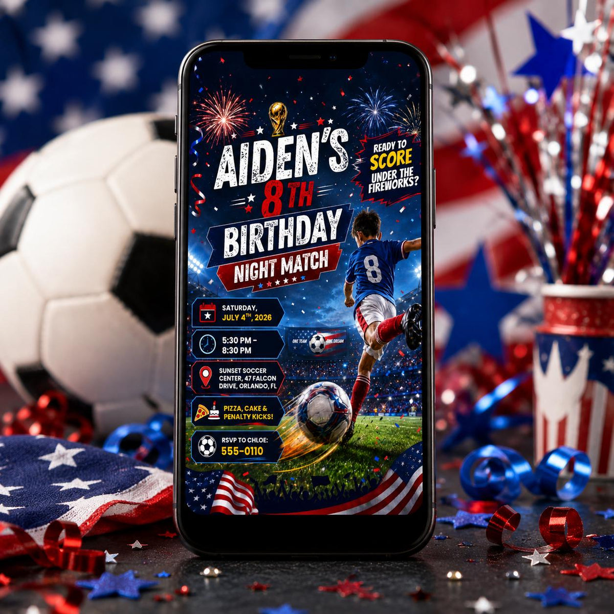 Patriotic Soccer 8th Birthday Invitation — print-ready 8th birthday party design from VoltBy