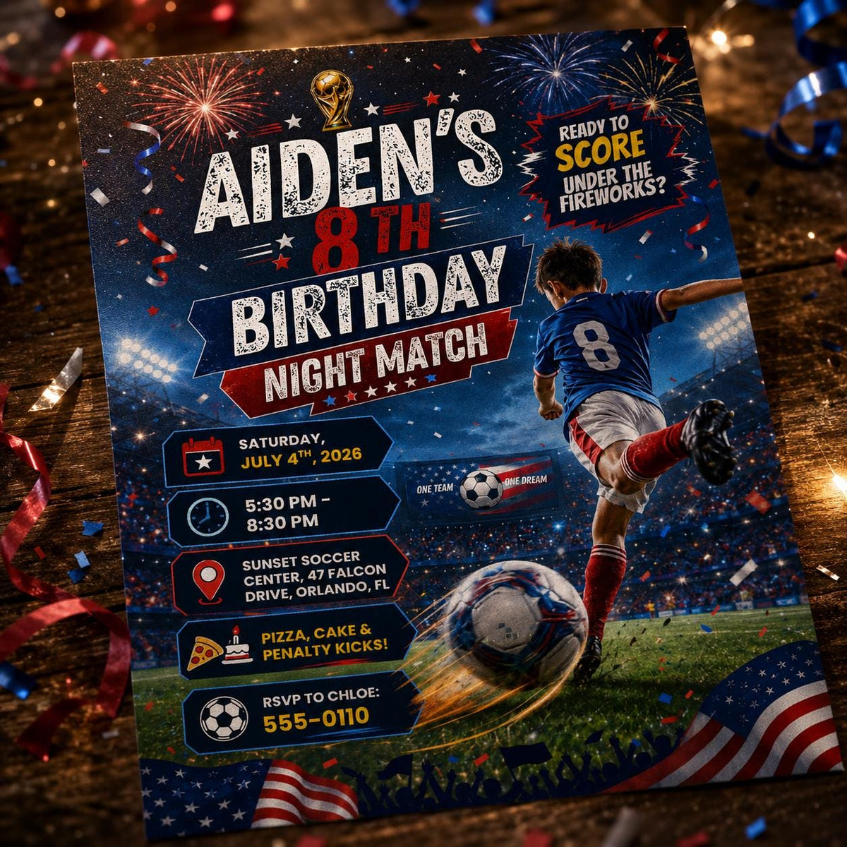 Patriotic Soccer 8th Birthday Invitation — digital invitation, instant download