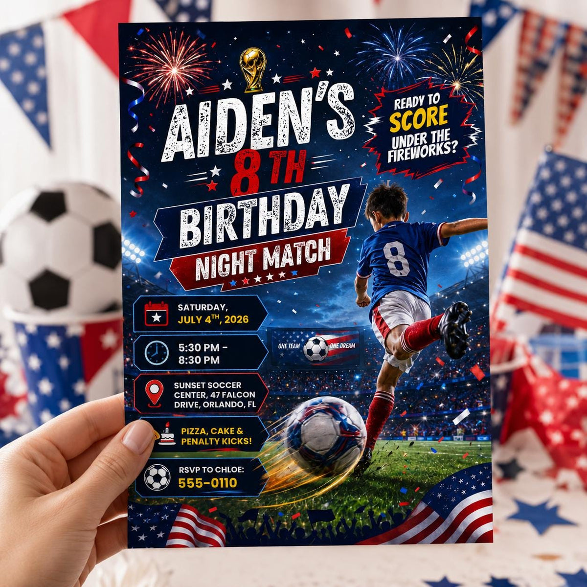 Patriotic Soccer 8th Birthday Invitation — 8th birthday party stationery by VoltBy