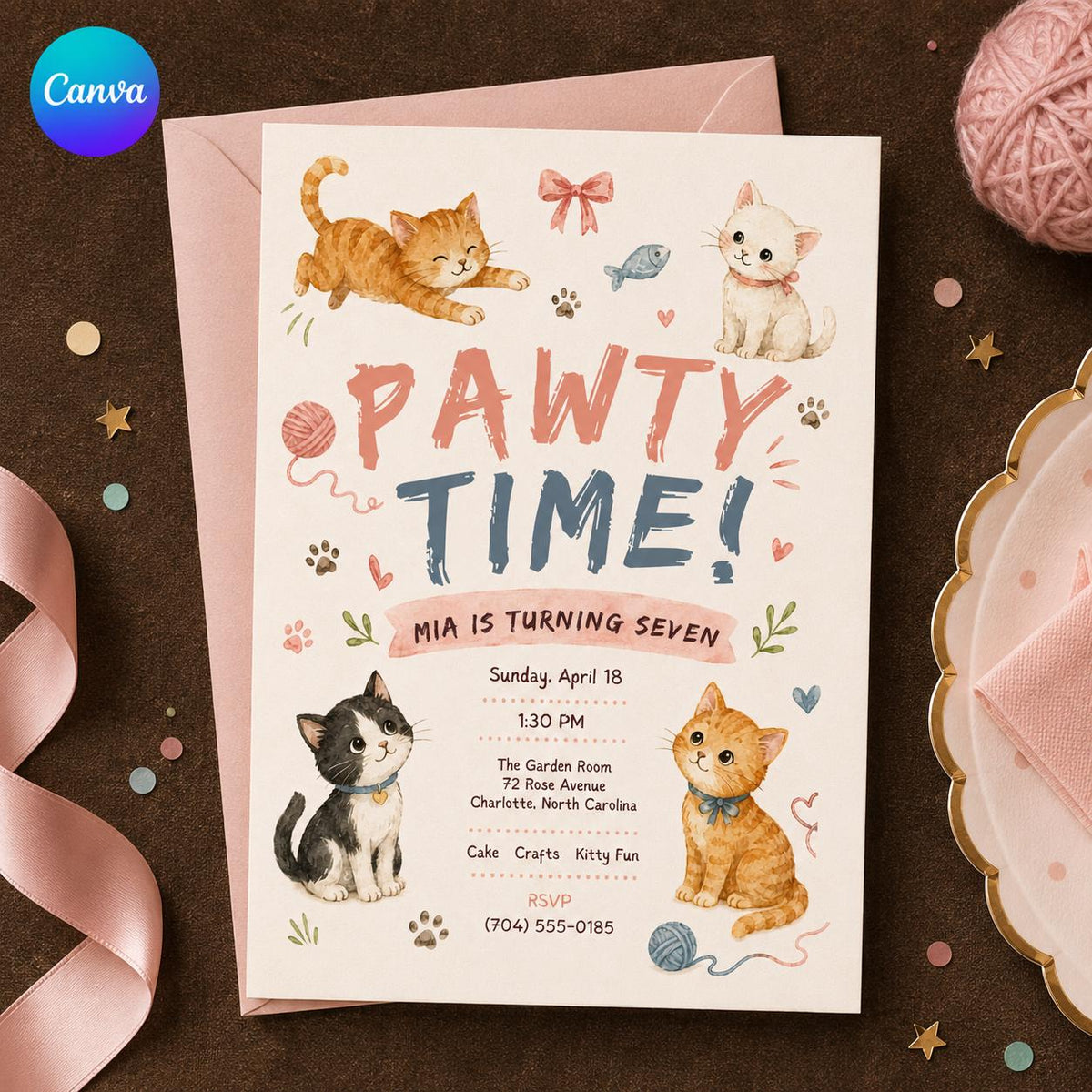 Pawty Time Four Kittens 7th Birthday Invitation — editable Canva template