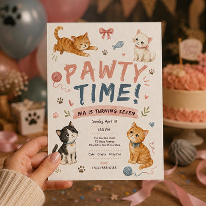 Pawty Time Four Kittens 7th Birthday Invitation — invitation you personalize in Canva