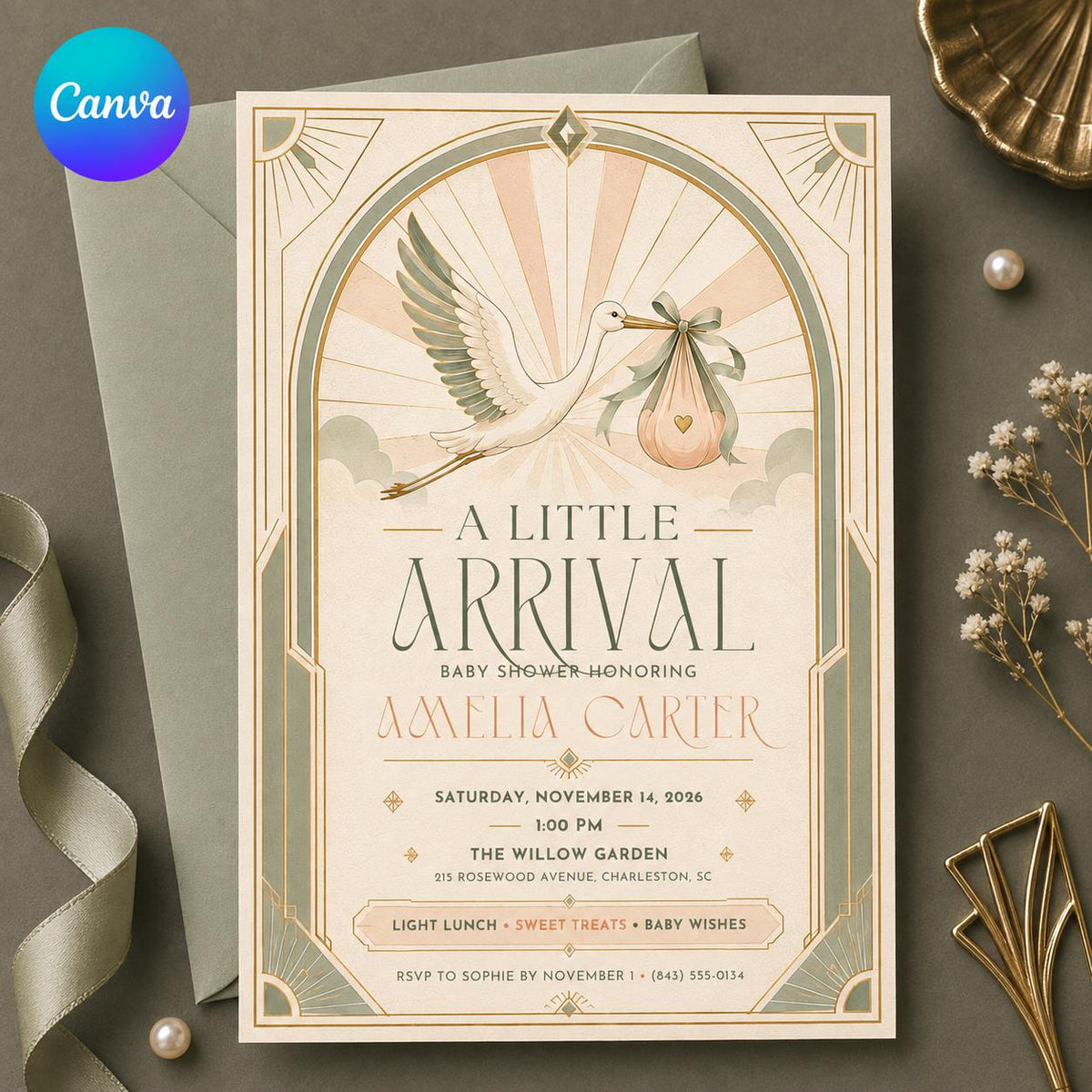 Peach Art Deco Stork Baby Shower Invitation — editable Canva template