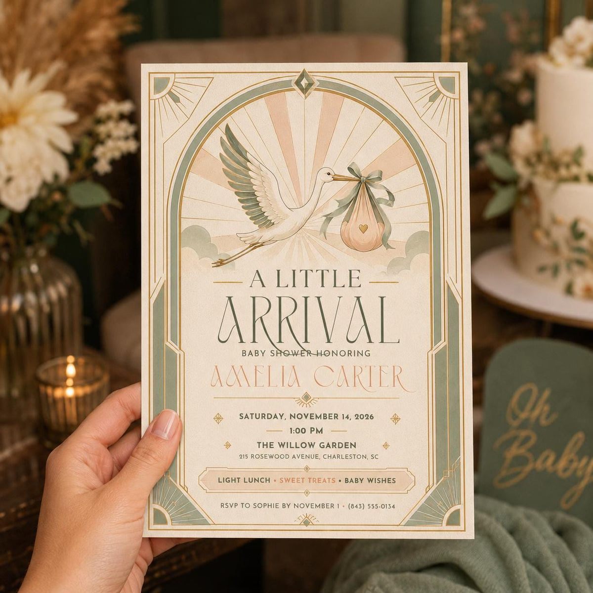 Peach Art Deco Stork Baby Shower Invitation — print-ready baby shower design from VoltBy