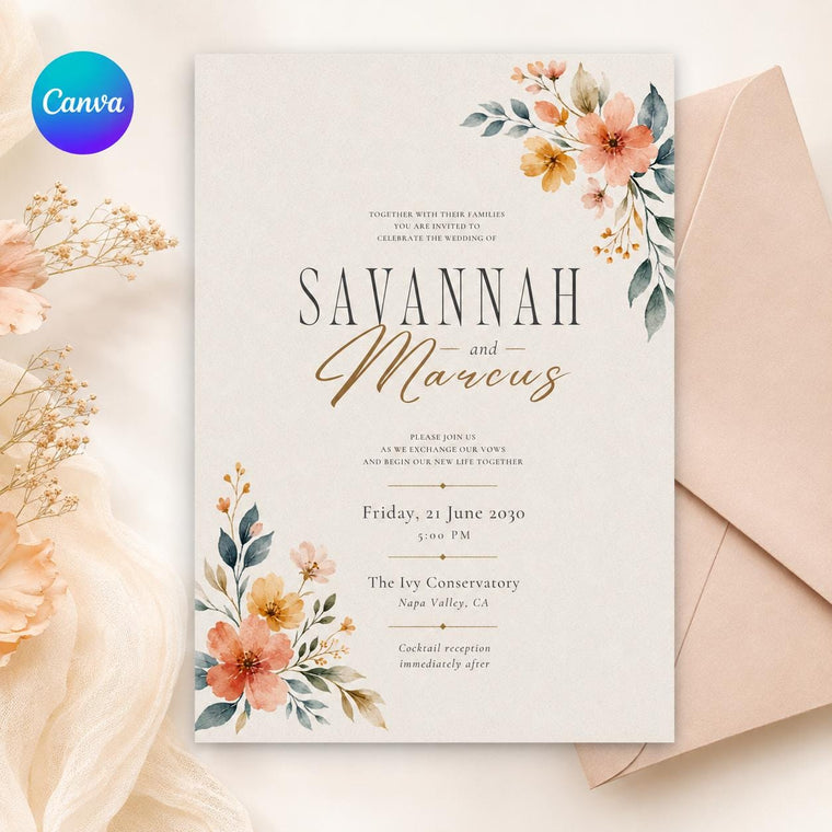 Peach Corner Florals Wedding Invitation