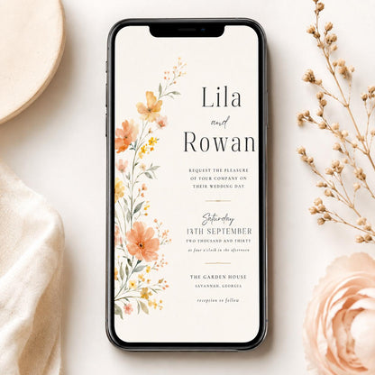 Peach Wildflower Wedding Invitation with Side Border — space design