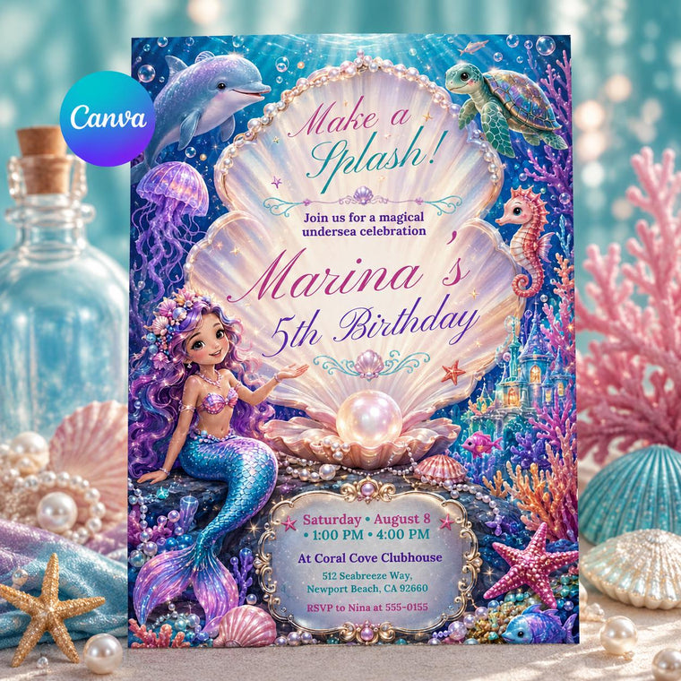 Pearl Shell Mermaid 5th Birthday Invitation