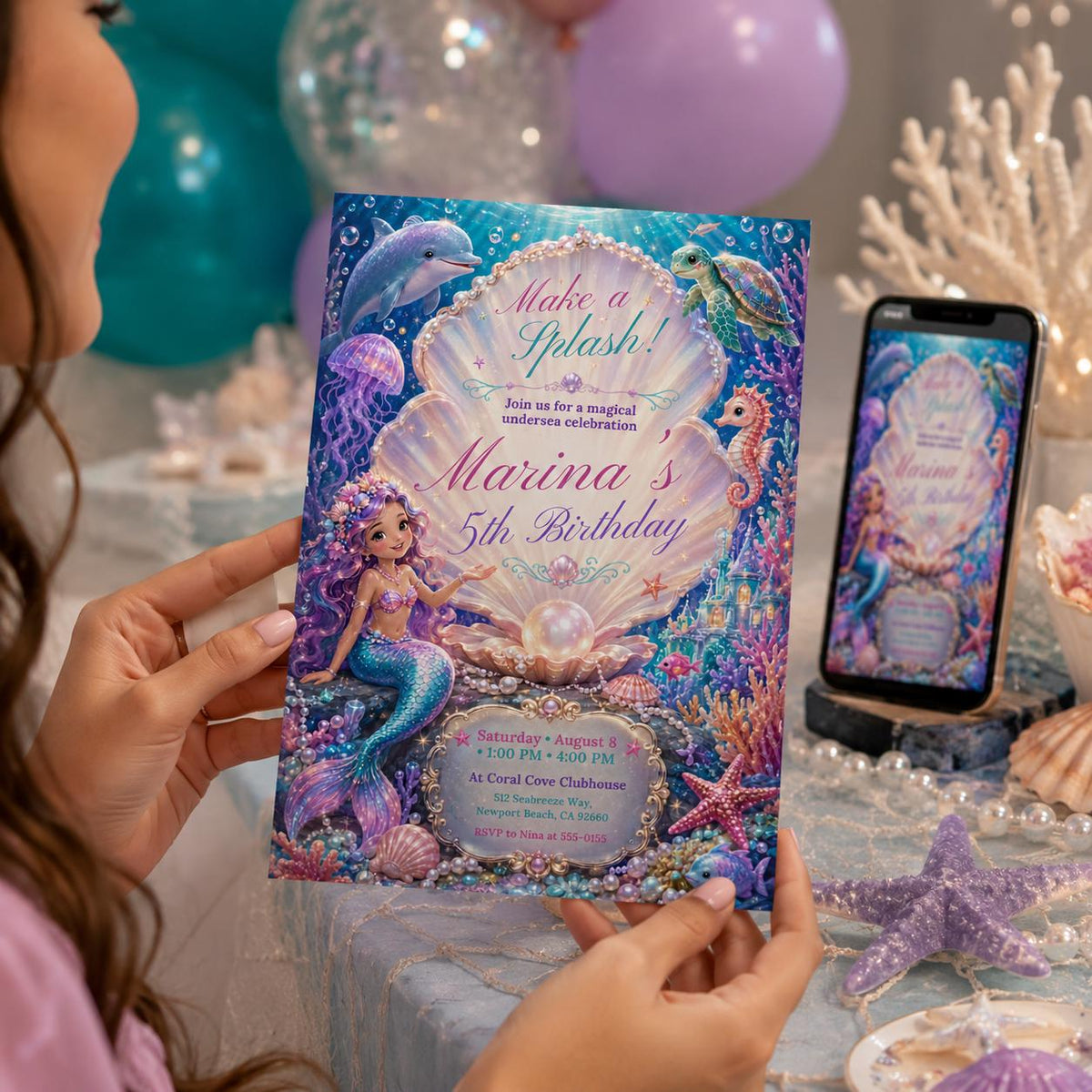 Pearl Shell Mermaid 5th Birthday Invitation in pink and purple