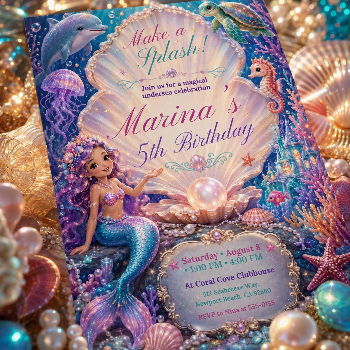 Pearl Shell Mermaid 5th Birthday Invitation — dolphin design